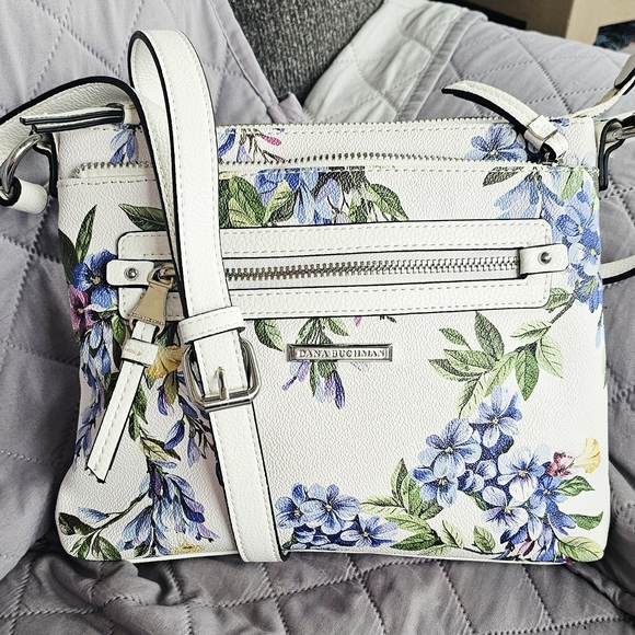 Dana Buchman Handbags - Dana Buchman White and Blue Floral Crossbody Bag